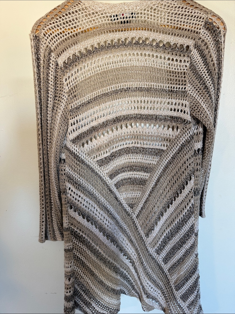 Style & Co Tan Multi Stripe Crochet Open Front Cardigan Medium Womens Pointelle - Picture 9 of 11